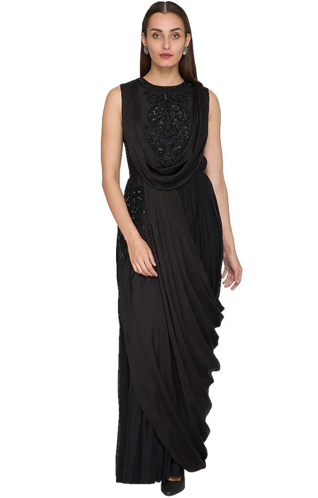 Sequinned Embroidered Black Draped Dress - Preserve