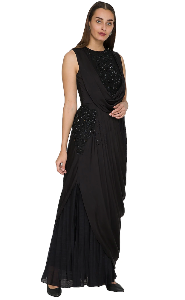 Sequinned Embroidered Black Draped Dress - Preserve