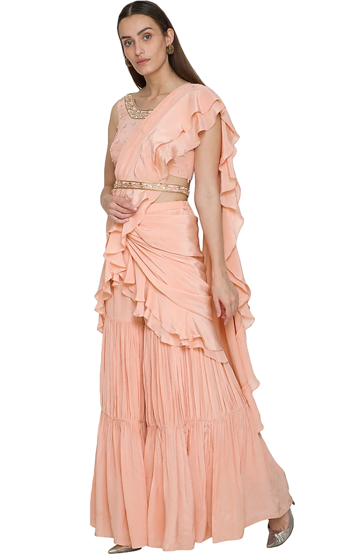 Peach Ruffle Pre-Draped Sharara Sari - Preserve