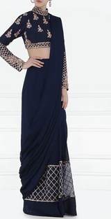 Rose Gold Beaded & Navy Pre-Draped Sari - Preserve