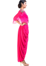 Fuchsia Organza Cape Blouse With Dhoti Skirt - Preserve