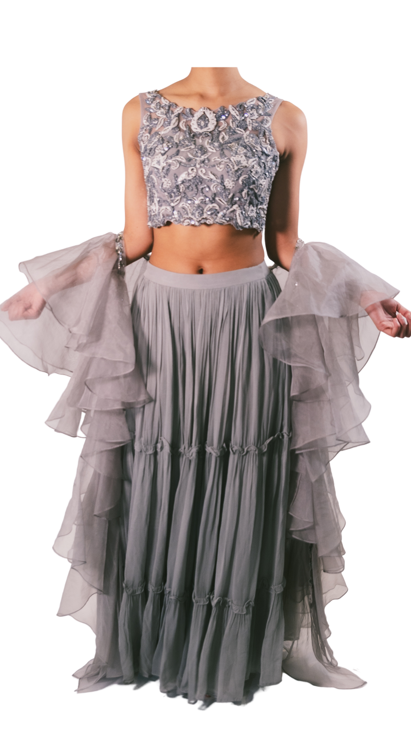 Silver Grey Embellished Lehenga - Preserve