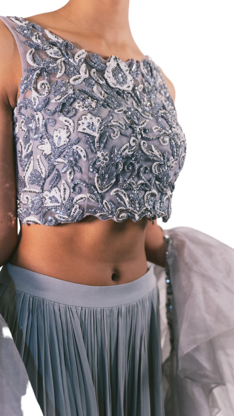 Silver Grey Embellished Lehenga - Preserve