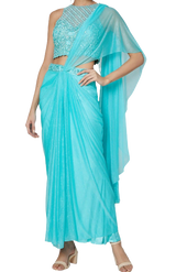 Sky Blue Pre-Draped Embellished Sari - Preserve