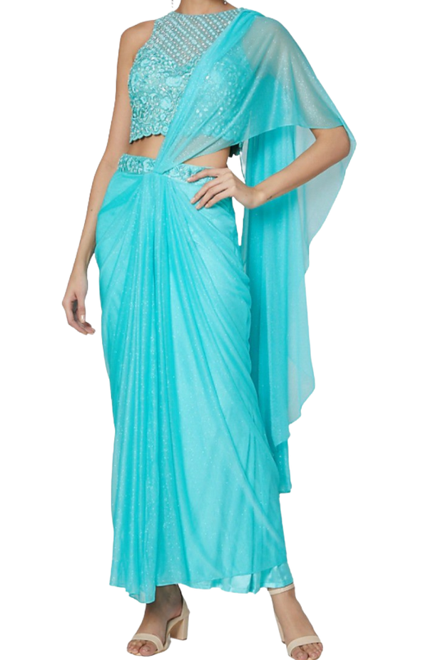 Sky Blue Pre-Draped Embellished Sari - Preserve