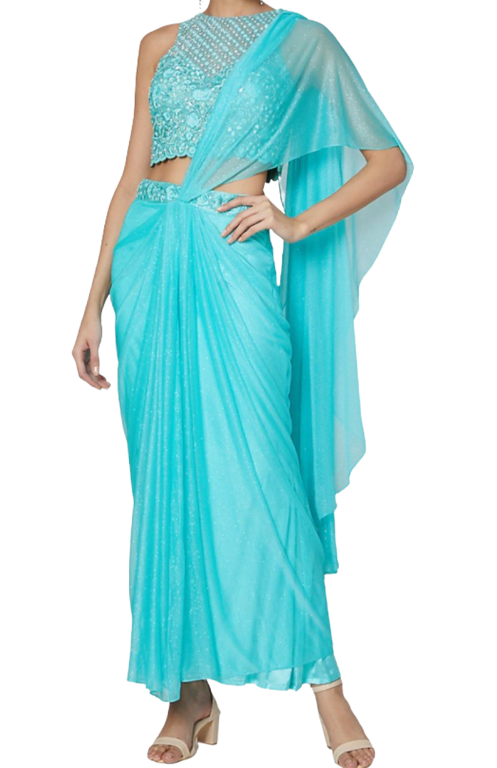 Sky Blue Pre-Draped Embellished Sari - Preserve