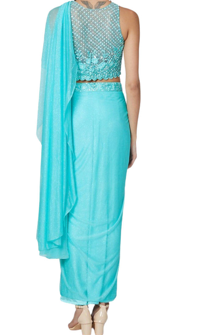 Sky Blue Pre-Draped Embellished Sari - Preserve