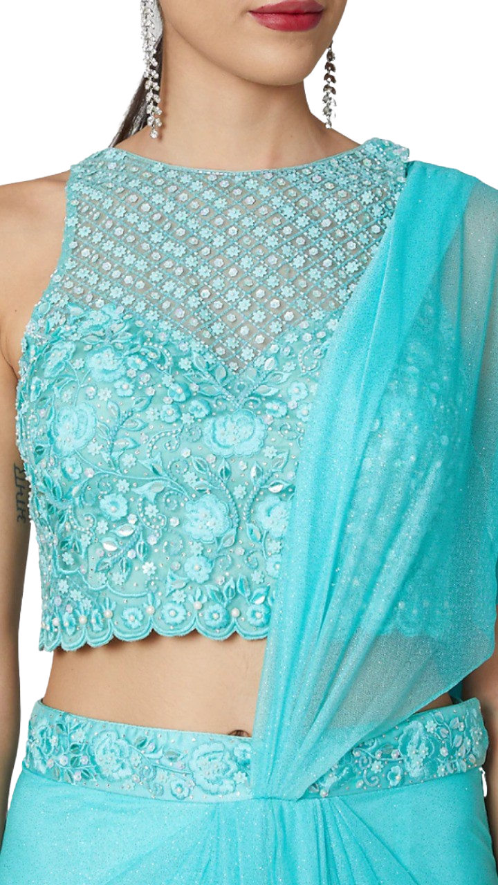 Sky Blue Pre-Draped Embellished Sari - Preserve