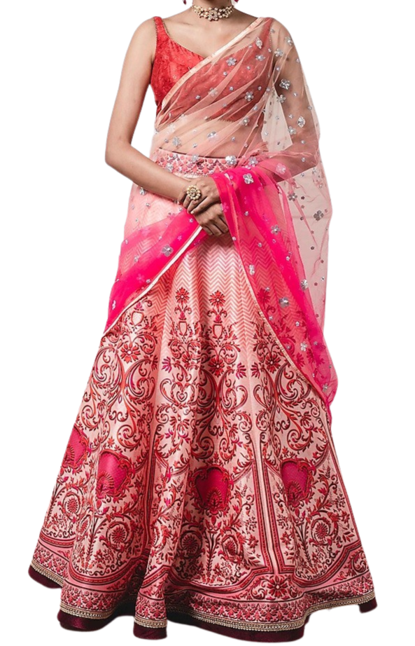 Bright Pink & Coral Hued Graphic Print Lehenga - Preserve