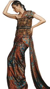 Tapestry Printed Pre-Draped Tasseled Sari with Baroque Corset - Preserve