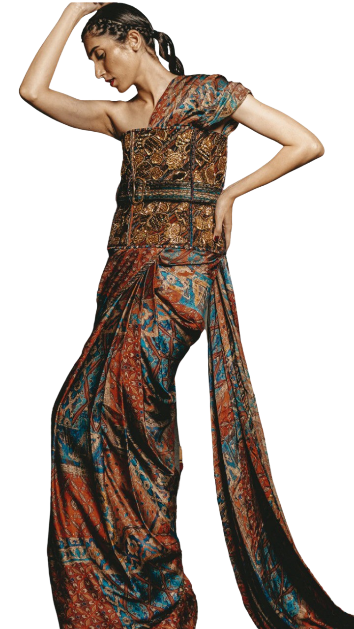 Tapestry Printed Pre-Draped Tasseled Sari with Baroque Corset - Preserve