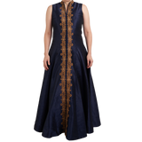 Navy Raw Silk Gold Embroidered Anarkali: Sample Sale - Preserve