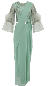 Mint Puff Sleeve Pre-Draped Sari - Preserve