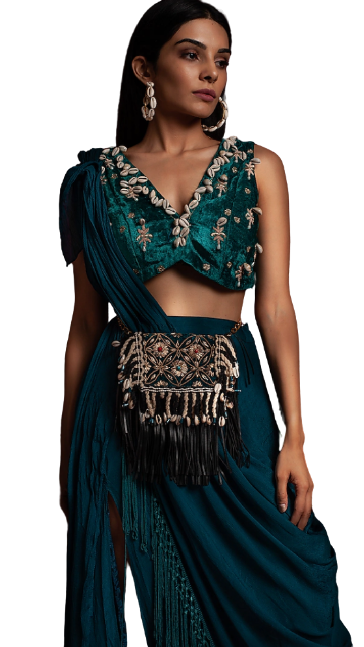 Puka Shell Pre-Draped Sari in Emerald Green & Teal Blue - Preserve