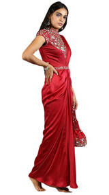 Ruby Red Floral Embellished Pre-Stitched Sari Gown - Preserve