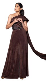 Chocolate Embellished Draped Cape Jumpsuit - Preserve