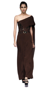 Chocolate Embellished Draped Cape Jumpsuit - Preserve