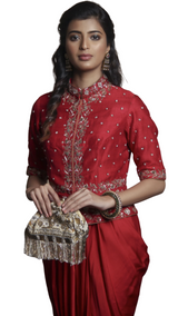 Red Zardozi Peplum Jacket Set - Preserve