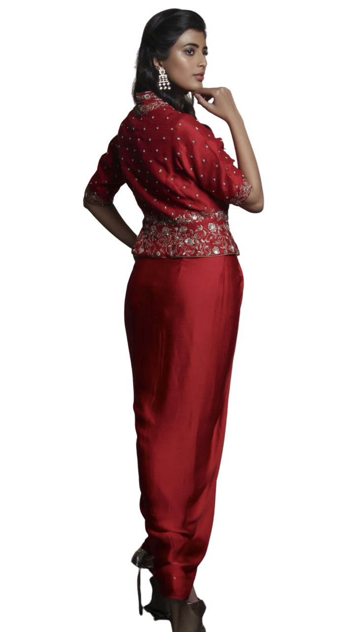 Red Zardozi Peplum Jacket Set - Preserve