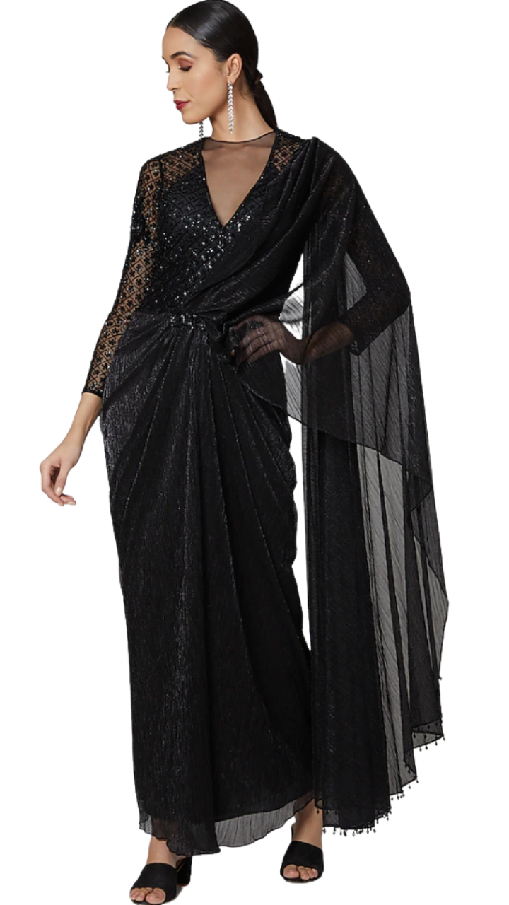Black Beaded and Embellished Pre-Draped Sari Gown - Preserve