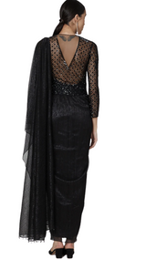 Black Beaded and Embellished Pre-Draped Sari Gown - Preserve