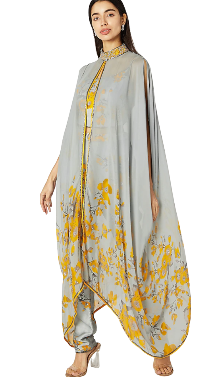 Grey and Yellow Printed Embroidered Cape Set - Preserve