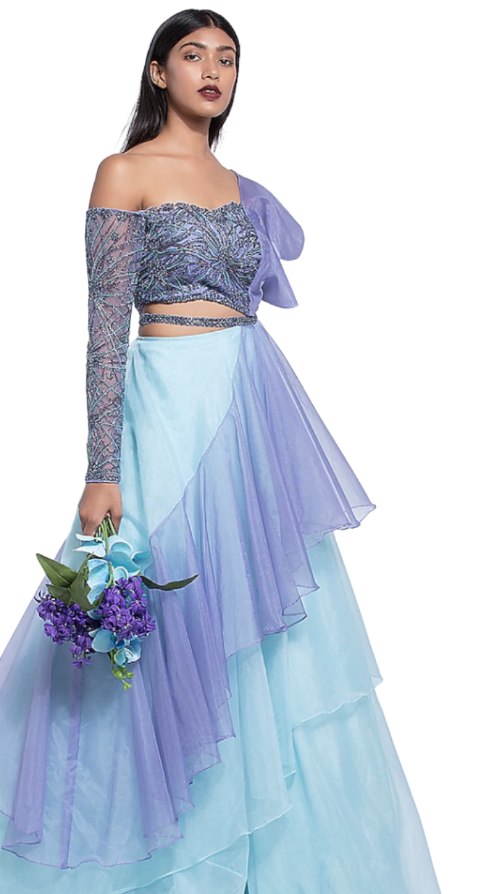 Periwinkle & Powder Blue Embellished Ruffle Lehenga - Preserve