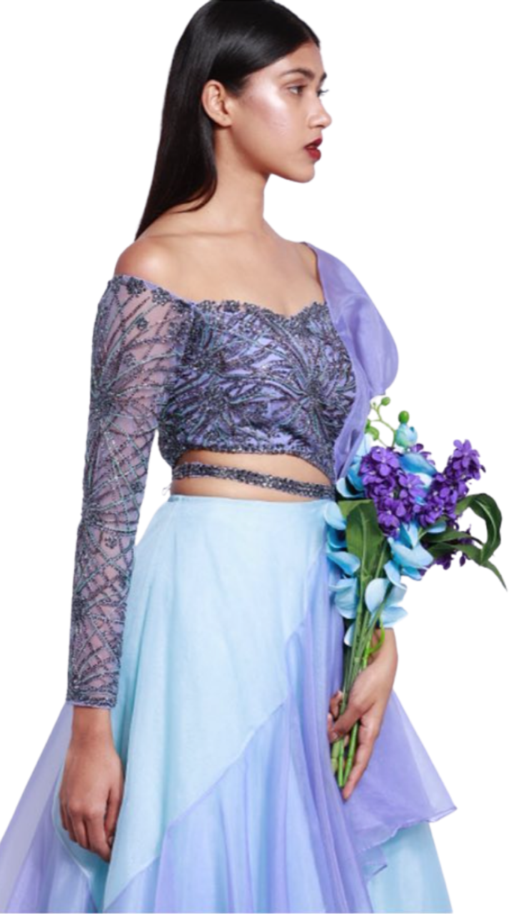 Periwinkle & Powder Blue Embellished Ruffle Lehenga - Preserve