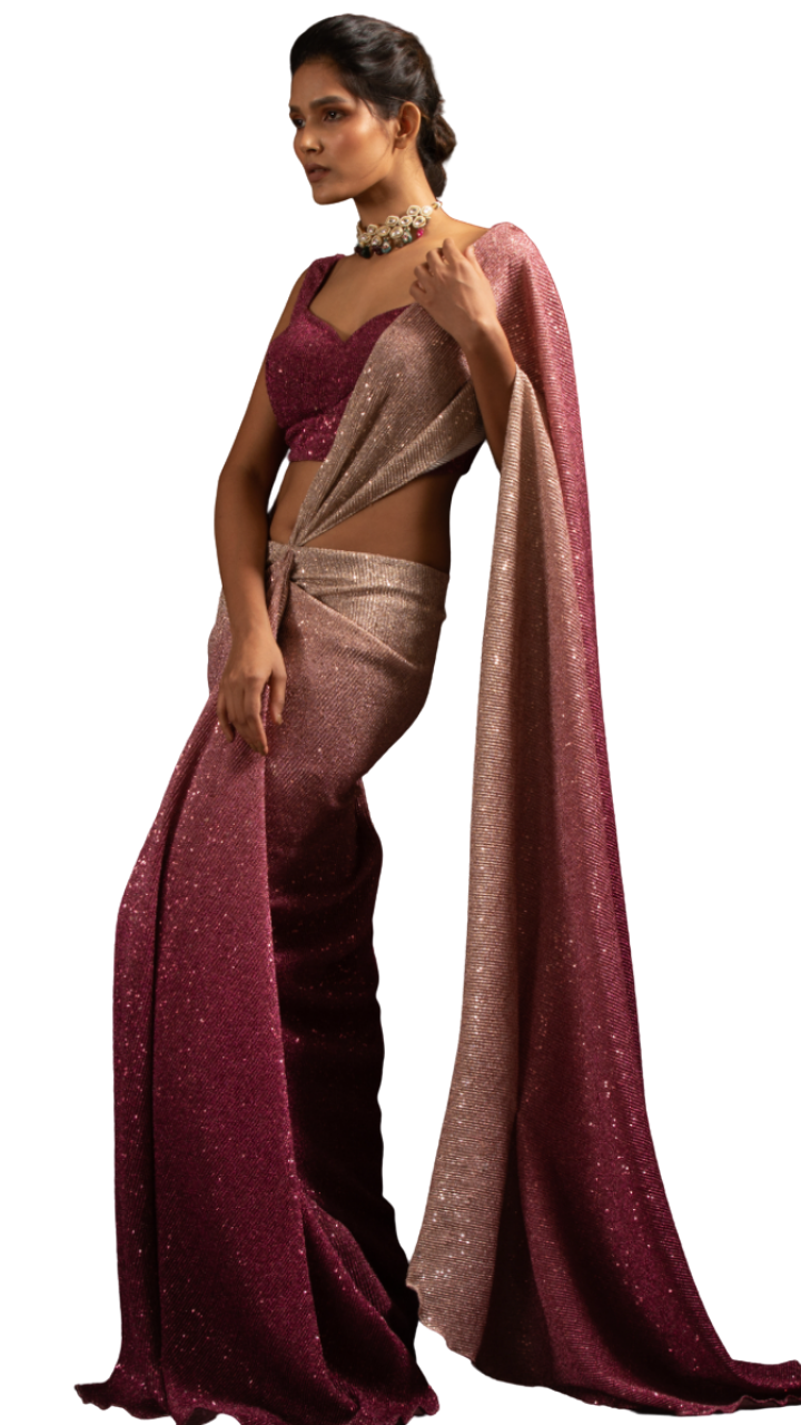 Ombre Blush Pink and Wine Shimmering Pre-Draped Sari - Preserve