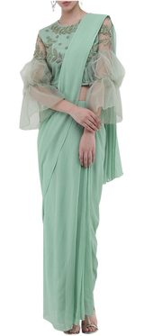 Mint Puff Sleeve Pre-Draped Sari - Preserve