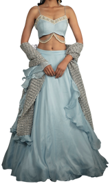 Baby Blue Beaded Lehenga with Hand Knitted Dupatta - Preserve