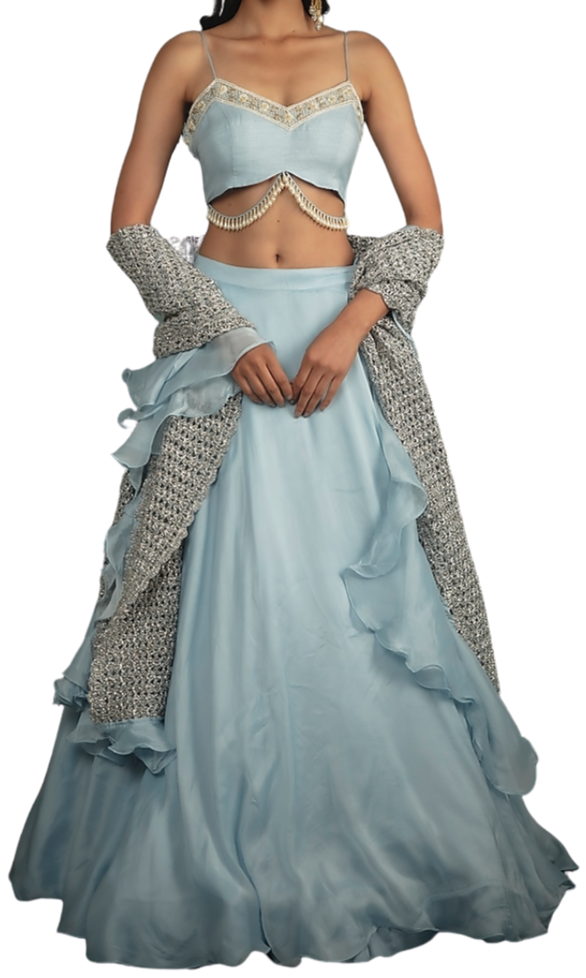 Baby Blue Beaded Lehenga with Hand Knitted Dupatta - Preserve