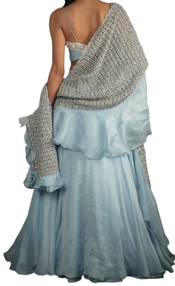 Baby Blue Beaded Lehenga with Hand Knitted Dupatta - Preserve