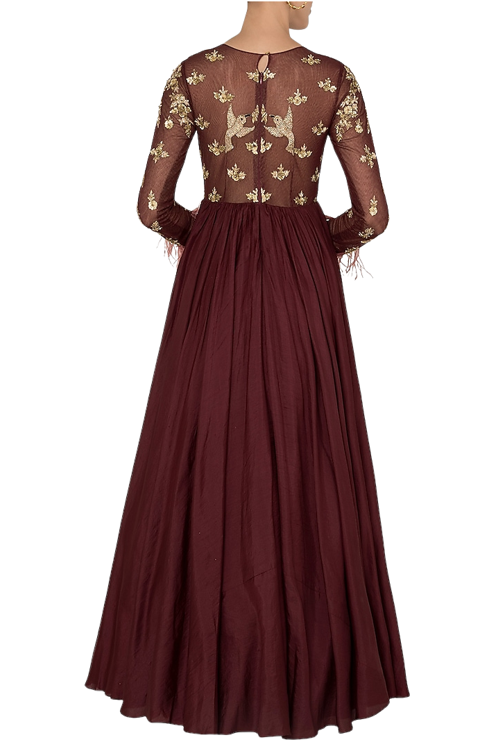 Deep Maroon Beaded & Feathered Anarkali Gown - Preserve