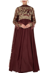 Deep Maroon Beaded & Feathered Anarkali Gown - Preserve