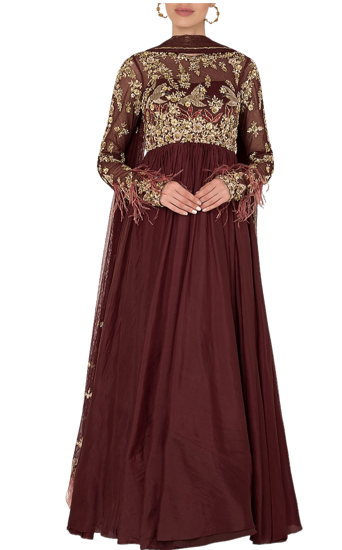 Deep Maroon Beaded & Feathered Anarkali Gown - Preserve