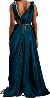 Puka Shell Pre-Draped Sari in Emerald Green & Teal Blue - Preserve