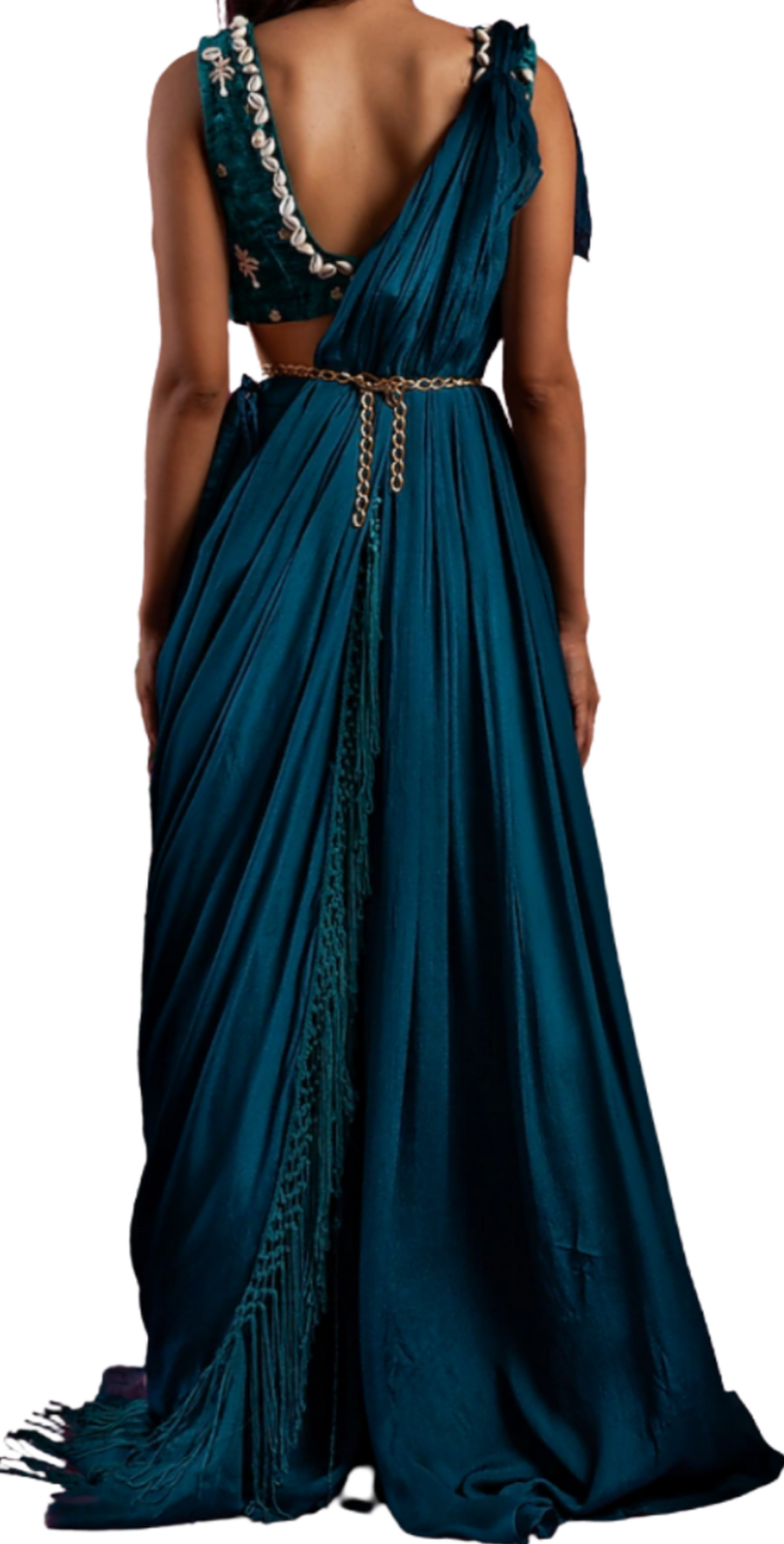 Puka Shell Pre-Draped Sari in Emerald Green & Teal Blue - Preserve