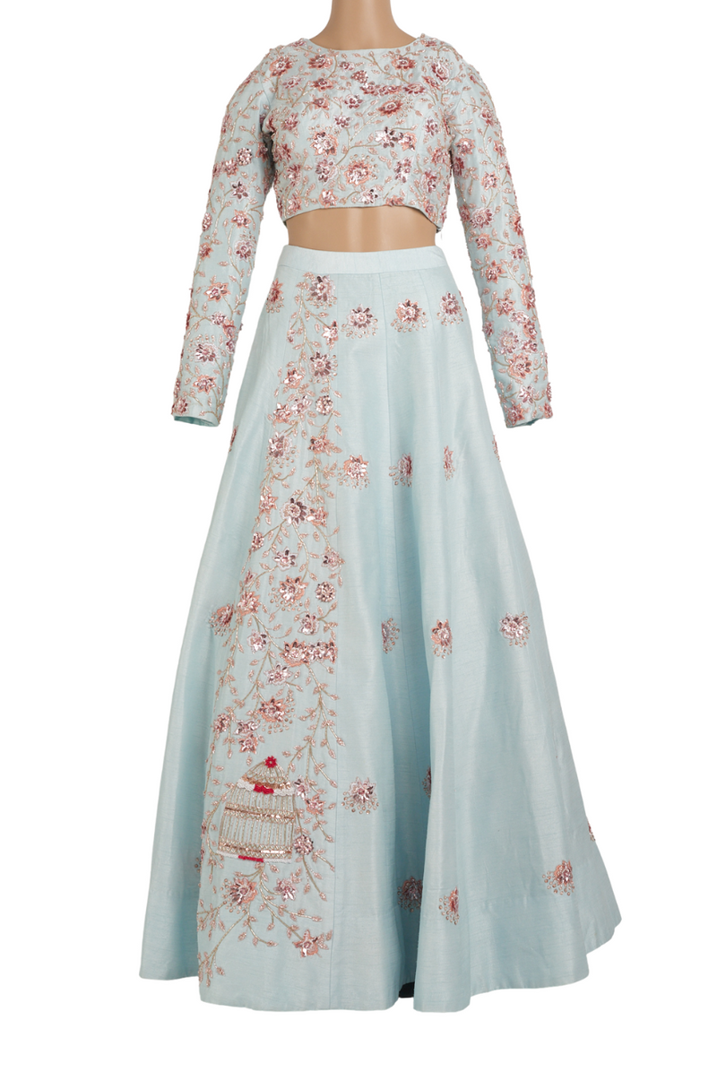 Rose Gold Floral Beaded Powder Blue Lehenga - Preserve