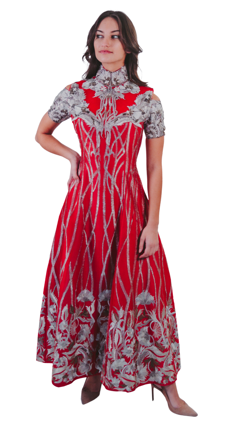 High Neck Silver & Red Tea Length Gown - Preserve