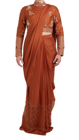 Rose Gold Beaded Pre-Draped Sari - Preserve