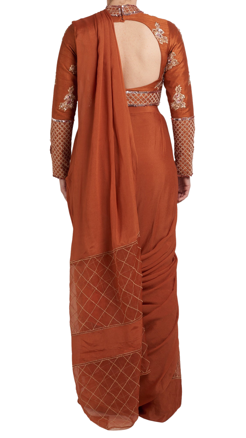 Rose Gold Beaded Pre-Draped Sari - Preserve