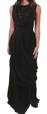 Sequinned Embroidered Black Draped Dress - Preserve