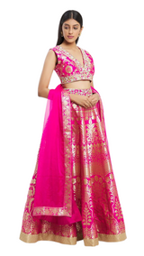 Fuchsia Banarasi Silk Lehenga Set - Preserve