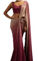 Ombre Blush Pink and Wine Shimmering Pre-Draped Sari - Preserve