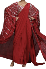 Crimson Beaded Pre-Draped Cape Sari - Preserve