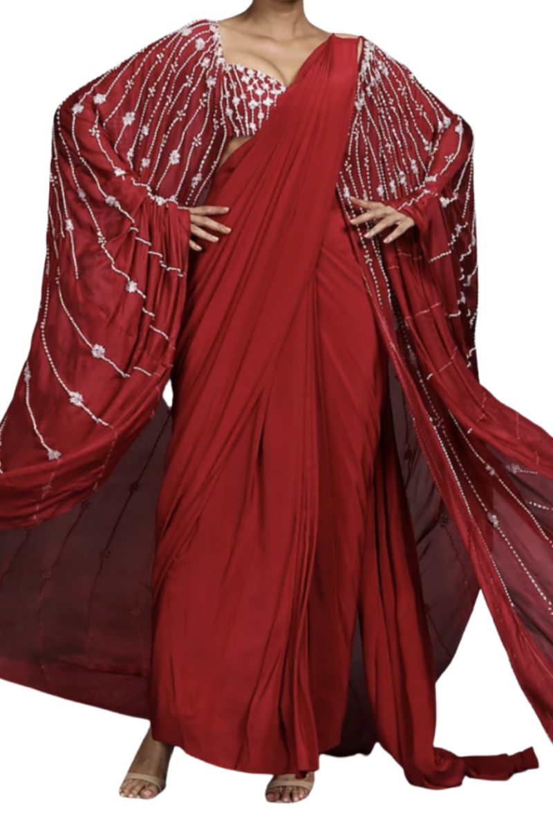 Crimson Beaded Pre-Draped Cape Sari - Preserve