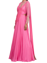 Pink Draped Gown with Gold Embroidery