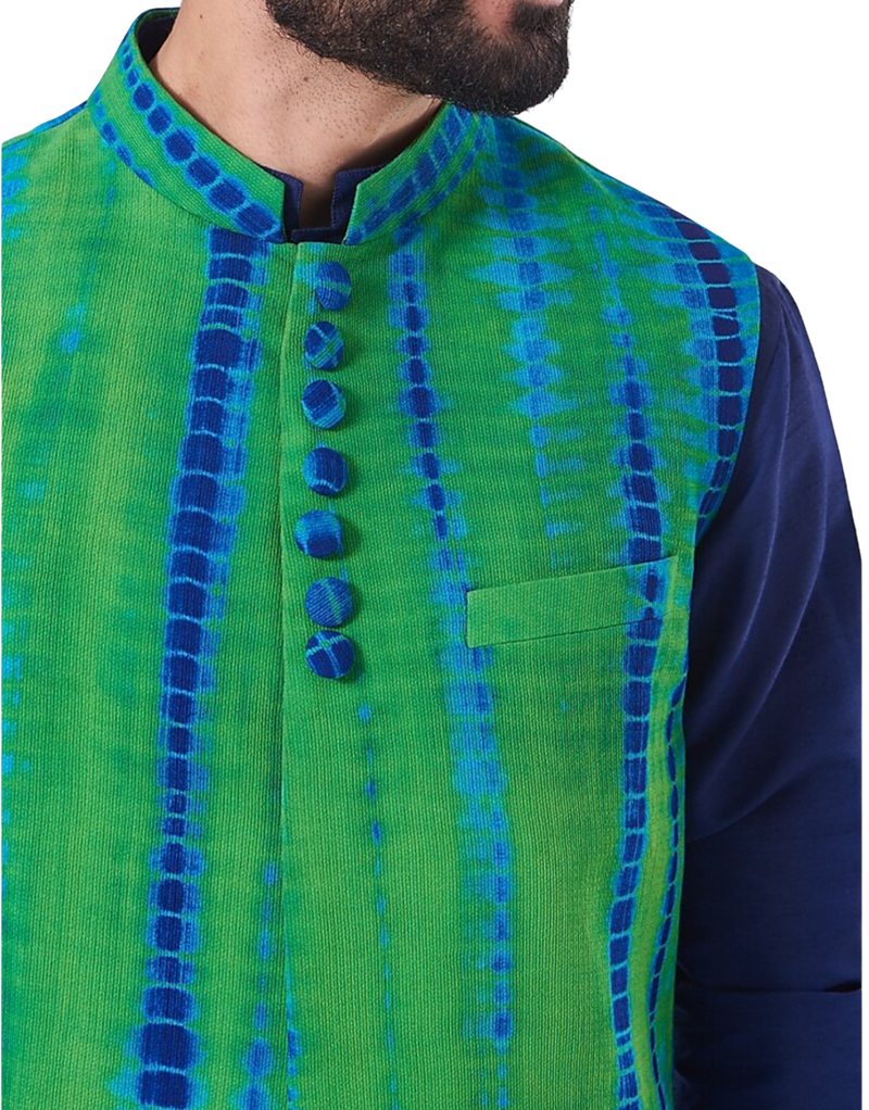 Blue Kurta Set with Tie-dye Nehru Jacket