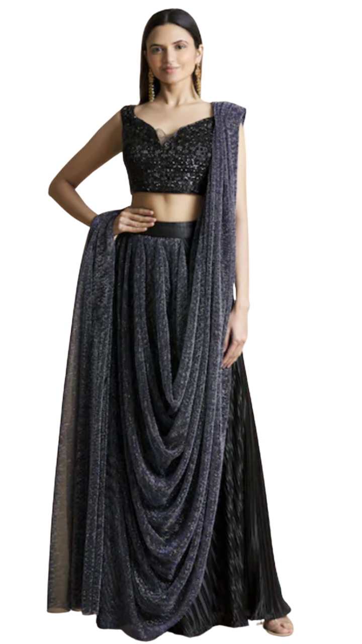 Beaded Black & Navy Pre-Draped Skirt Sari - Preserve